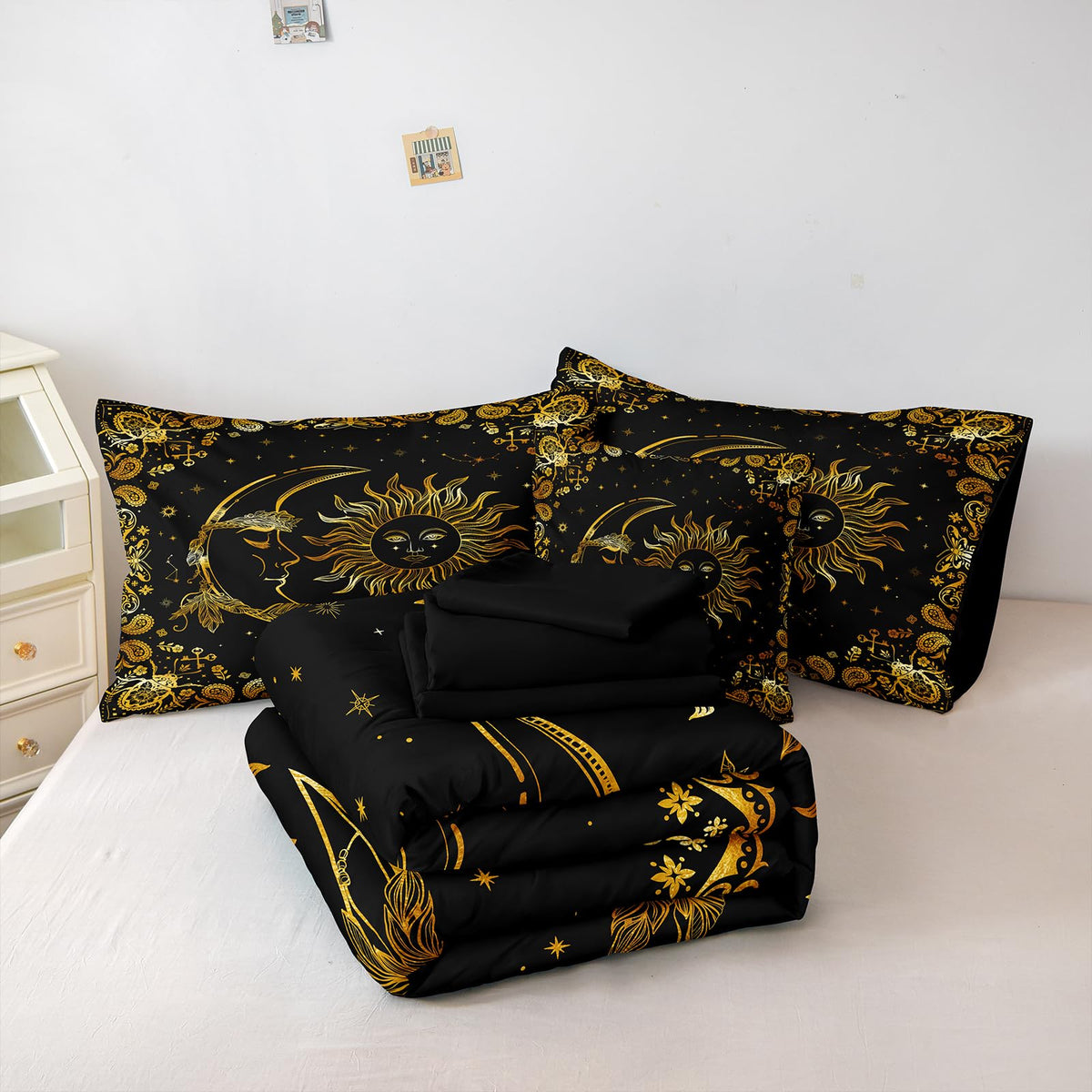 Black Gold Comforter Sets Sun and Moon Bedding Gold Stars Starry Sky Galaxy Theme Boho Chic Bedding Comforter Paisley