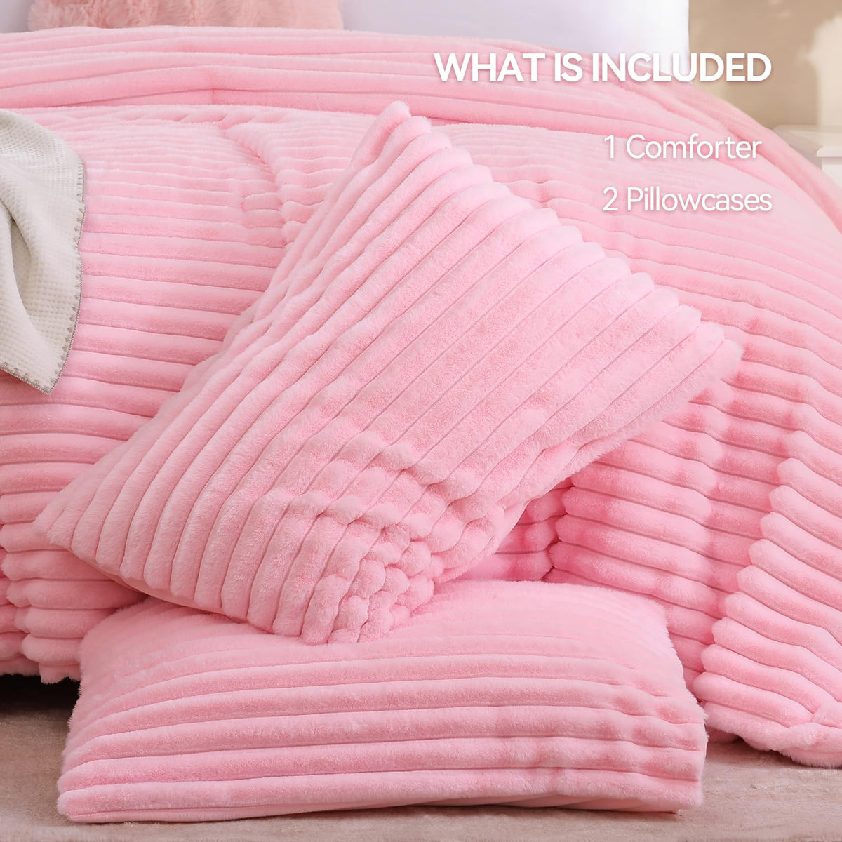 Fluffy Comforter Sets, 3 Pieces Soft Faux Fur Bed Set, Pink