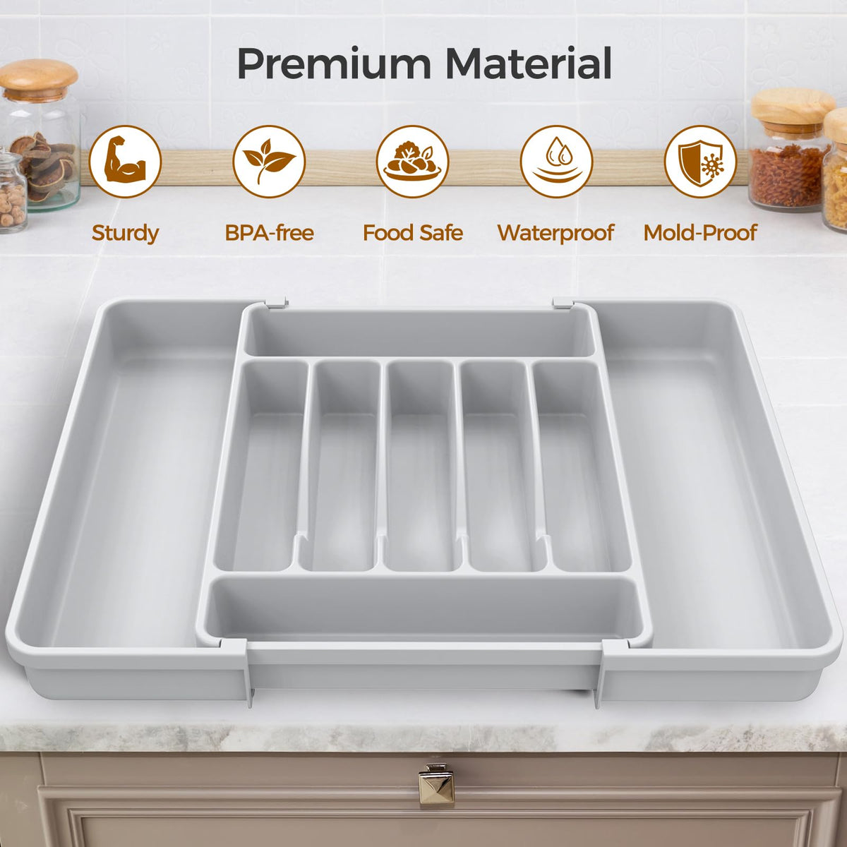 Extra Large Expandable Silverware Organizer, Flatware Tray,Gray