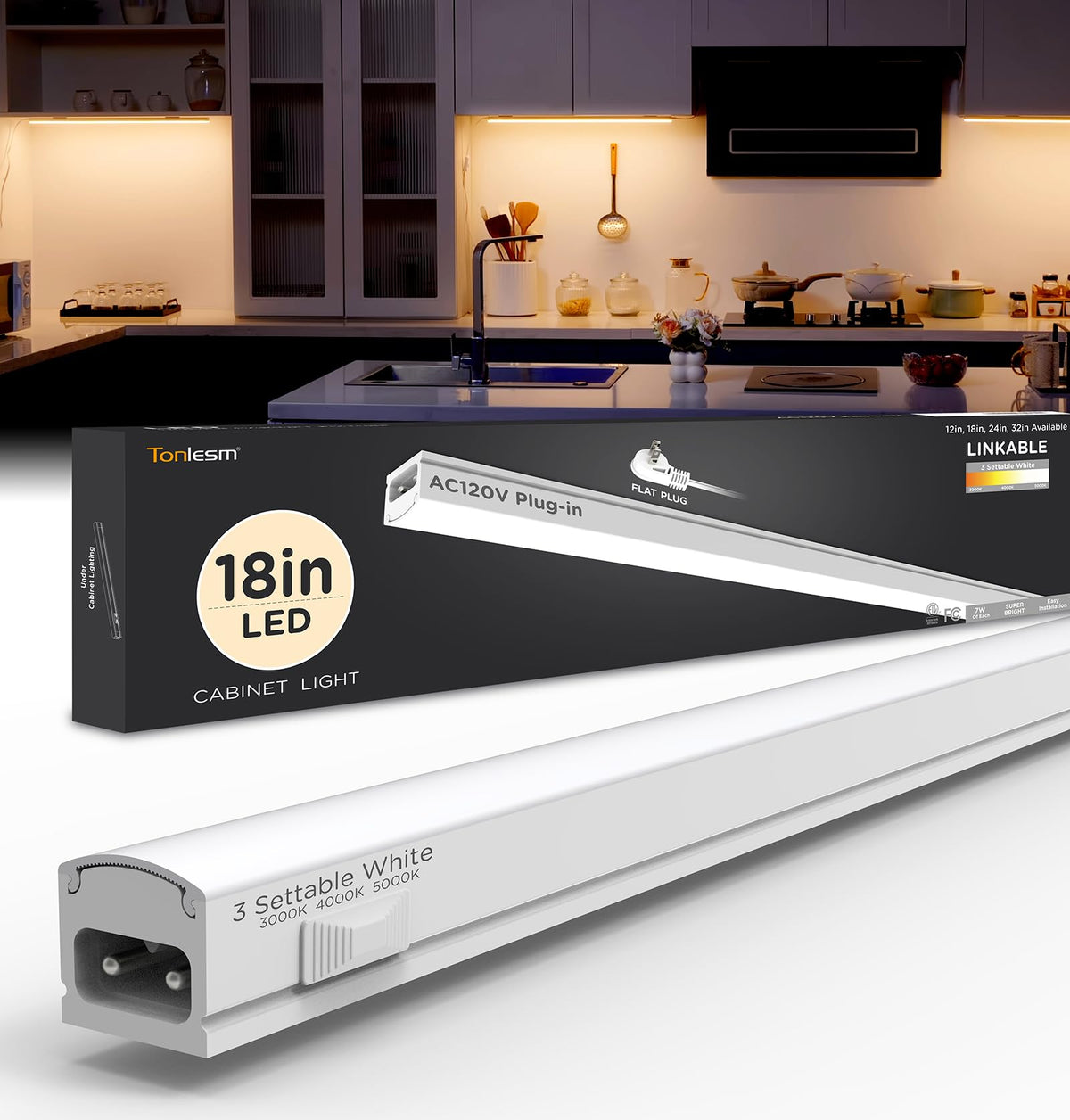 Under Cabinet Lighting Plug in AC120V 3CCT 3000/4000/5000K,Super Bright,Linkable Under Counter Lights,Ultra Slim LED