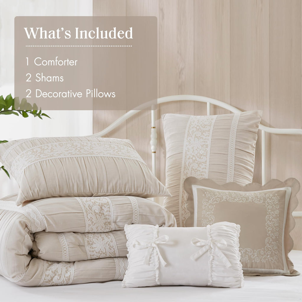 Park 5-Piece Farmhouse Comforter Set with Ruching & Lace Trim, Soft Chambray Bedding, Includes Comforter and 2