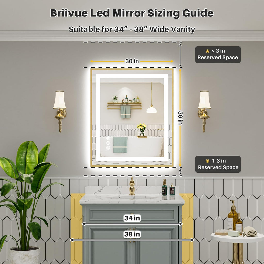 36x30 Inch LED Bathroom Mirror with Gold Frame, Backlit & Front Lit