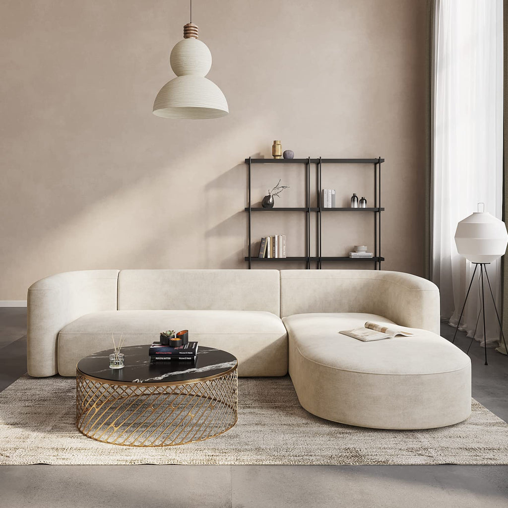 Mellow Modern Tight Curved Back Velvet Sofa, Right Chaise, Cream