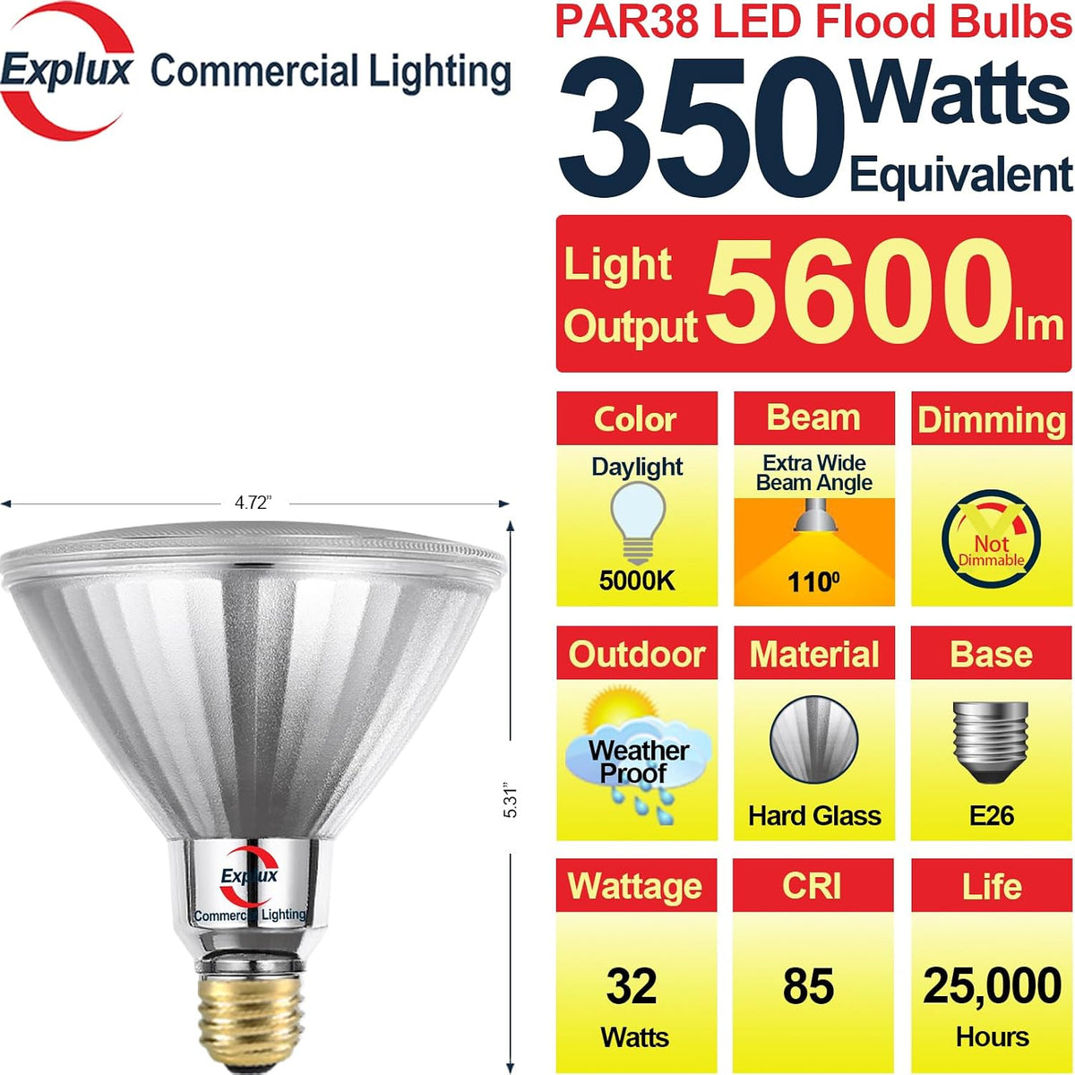 Ultra Bright PAR38 Outdoor Flood Light, 350W Equivalent, 5000K, 4-Pk