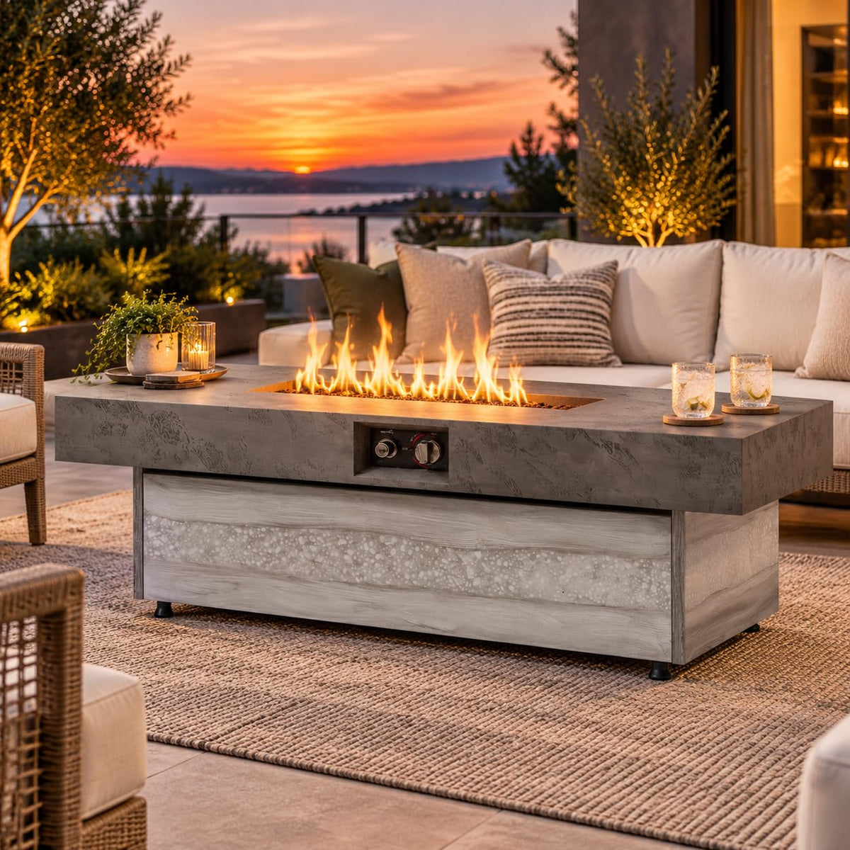 48 Inch Rectangular Outdoor Propane Gas Fire Pit Table, 50, 000 BTU