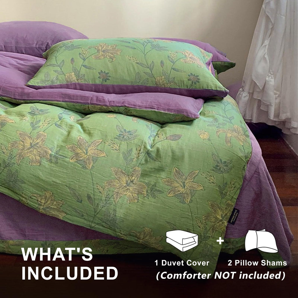 Linen Cotton Jacquard Duvet Cover Queen, 3 Pcs Yarn-Dyed Textured Duvet Cover Set Green Purple Floral Bedding