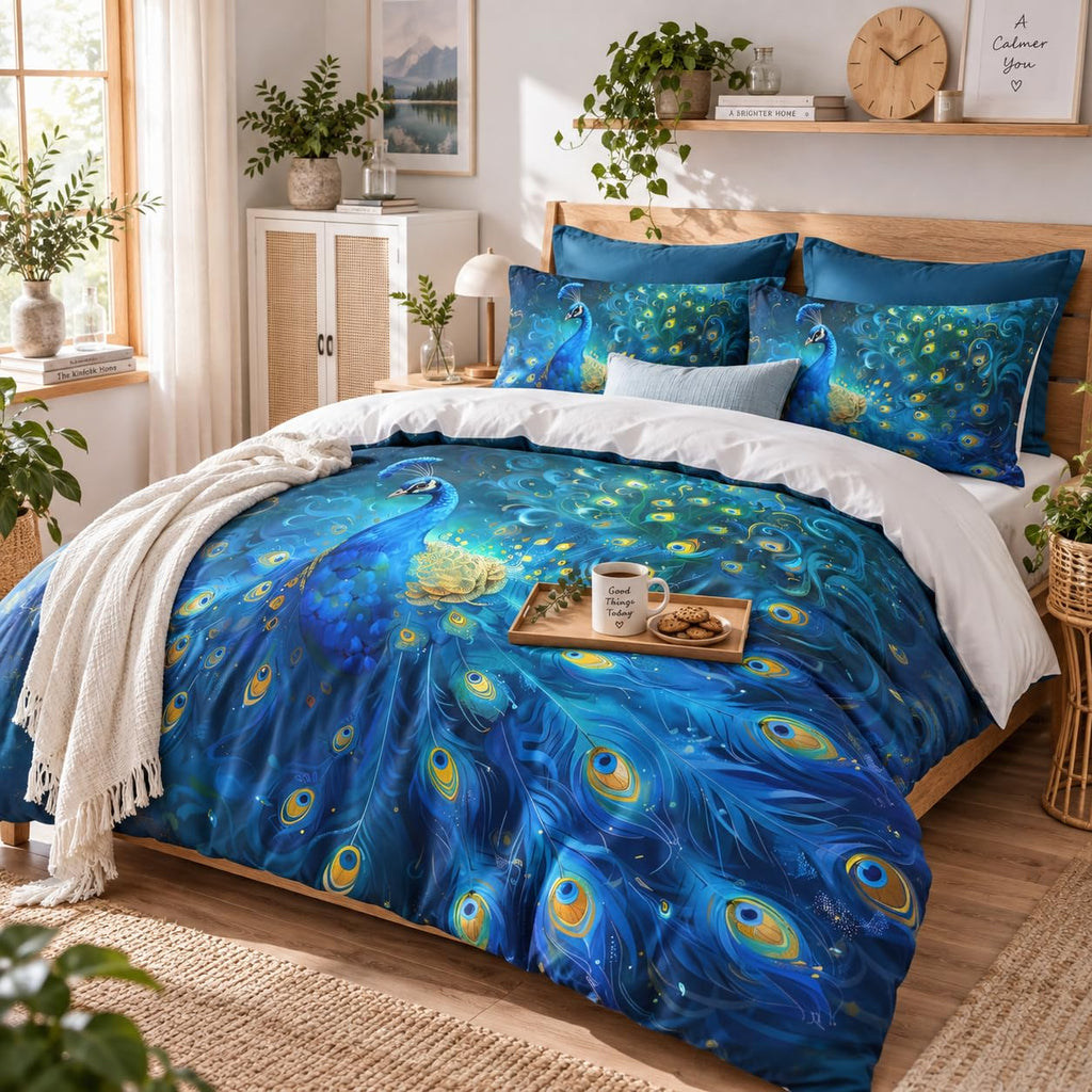 Blue Peacock Queen Size Comforter Set, Bird Animal Feather Bedding Sets, Victorian Ultra Soft Fluffy Microfiber