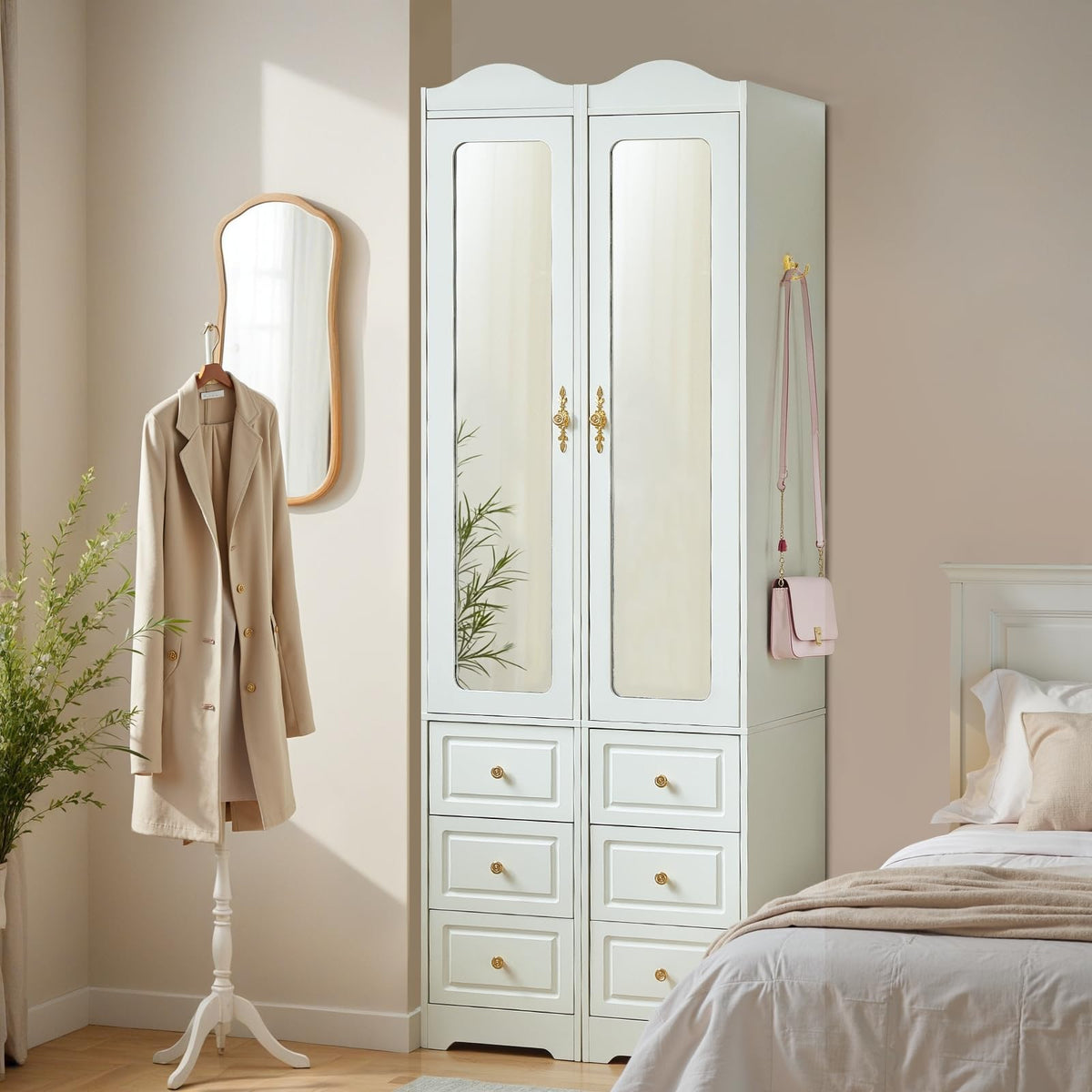 69.5" H Armoire Wardrobe Closet, Modern Wood Bedroom Armoires Cabinet with Mirror Door and 6 Drawers, White Clothing