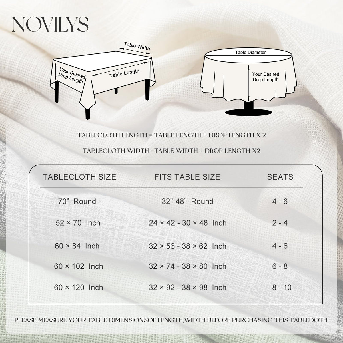 70 Inch Round Tablecloth with Linen Textured, Cream White