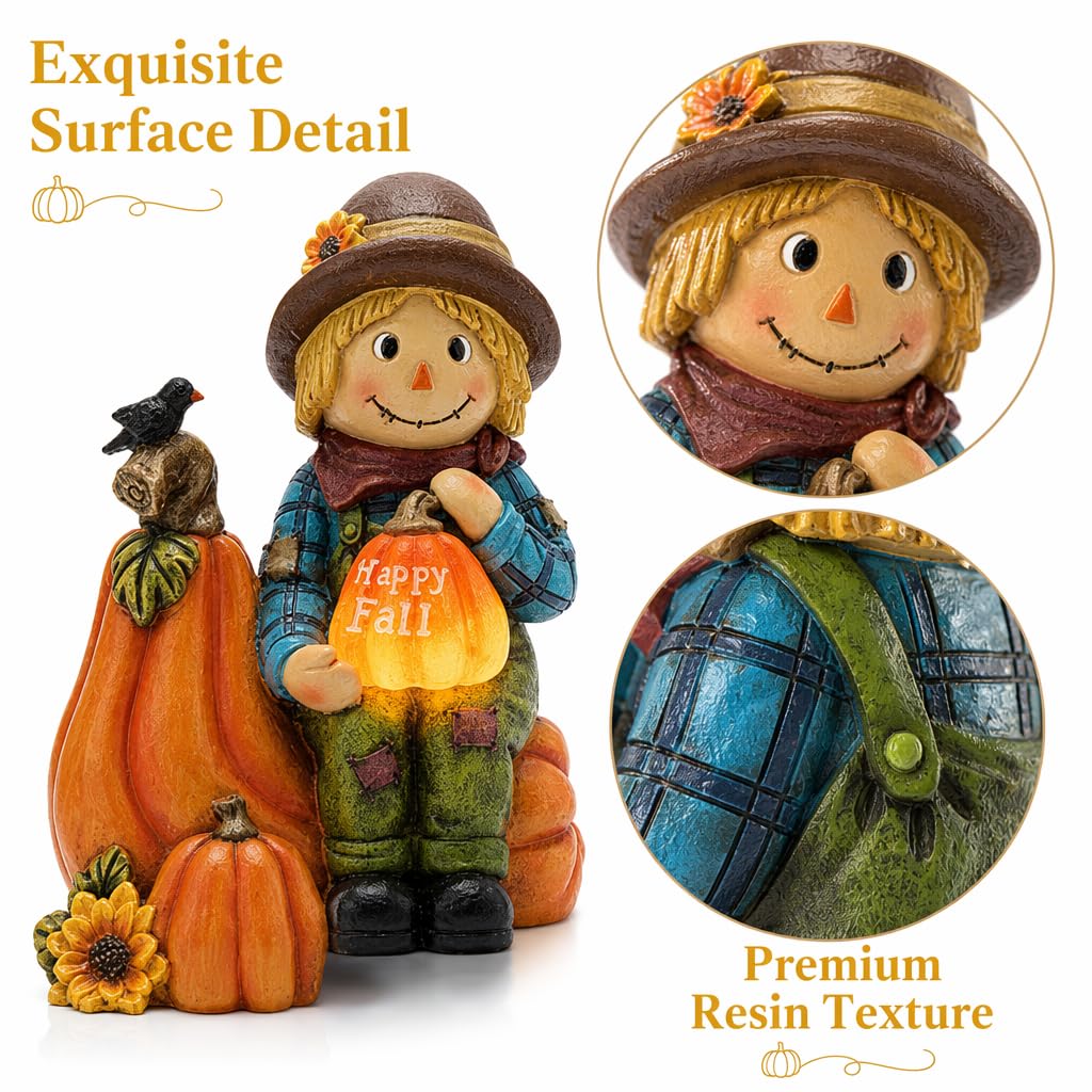 Fall Outdoor Decor Scarecrow Pumpkin Solar Statue 6.3"