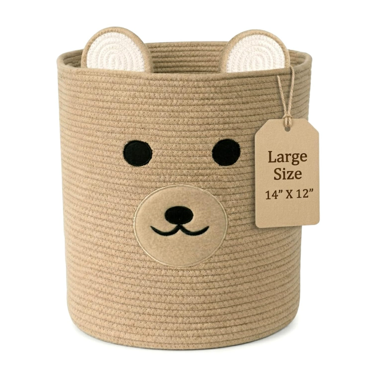 Nursery Storage Basket, 25L Large Woven Cotton Rope Baby Bin with Bear Design, Foldable Washable Laundry Hamper, Kids