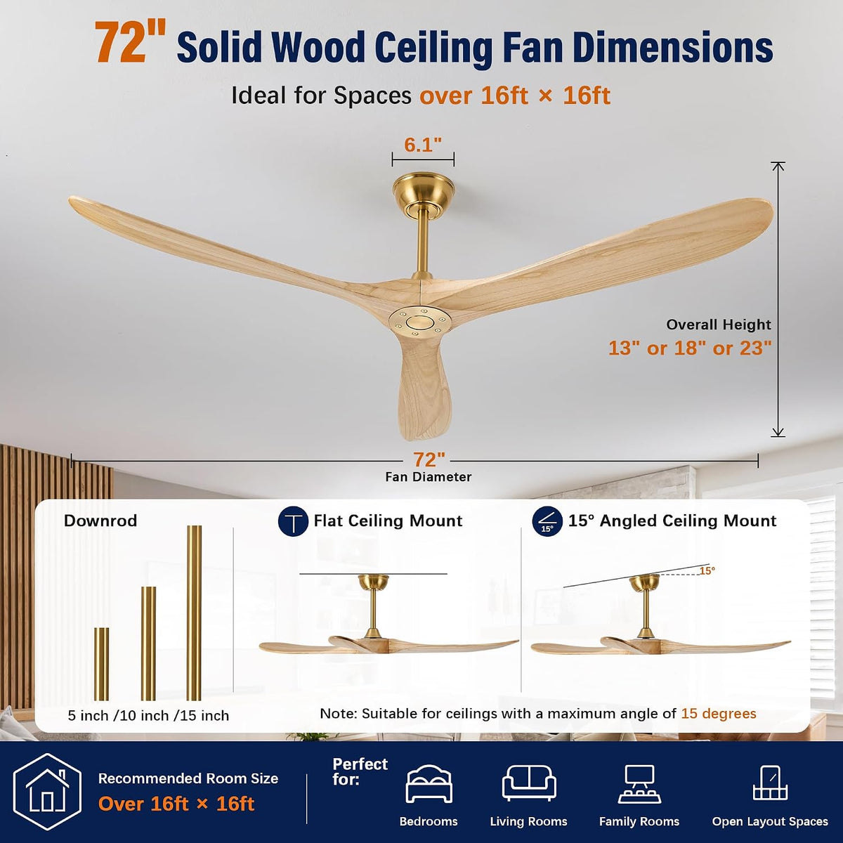 Inspired Maverick Style 72" Ceiling Fan No Light, 3 Solid Wood Blades, Brass Gold Motor, Quiet Reversible DC Motor with Remote Control