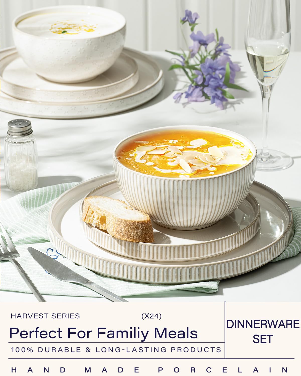 Dinnerware Sets, Plates and Bowls Sets for 8 (10.5" Dish + 8" Dish + 6" Bowl), Microwave and Dishwasher Safe, Ceramic