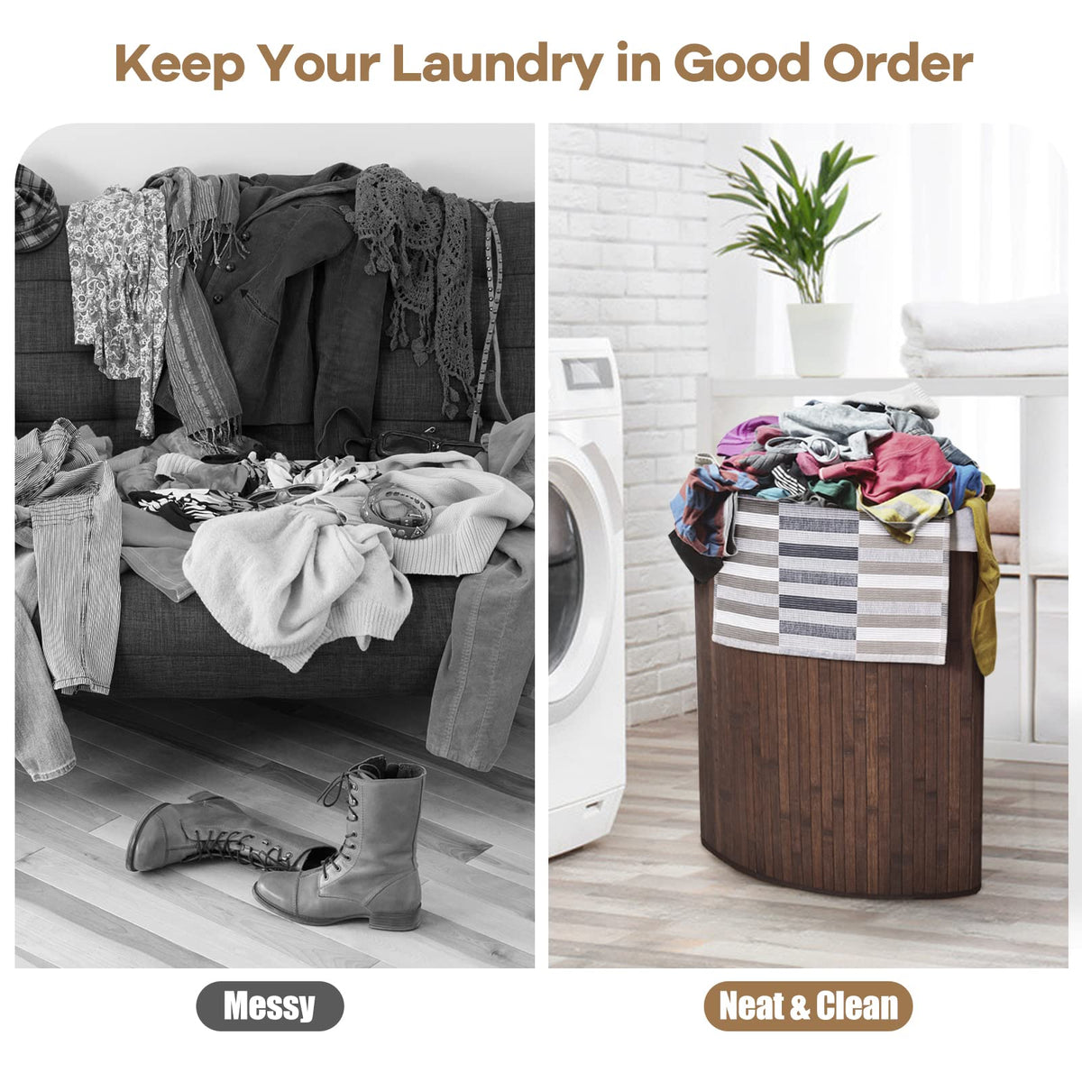 Bamboo Laundry Hamper With Lid, Removable Liner and Handle - Clothes Basket for Organizing, Storage Bin (Coffee)