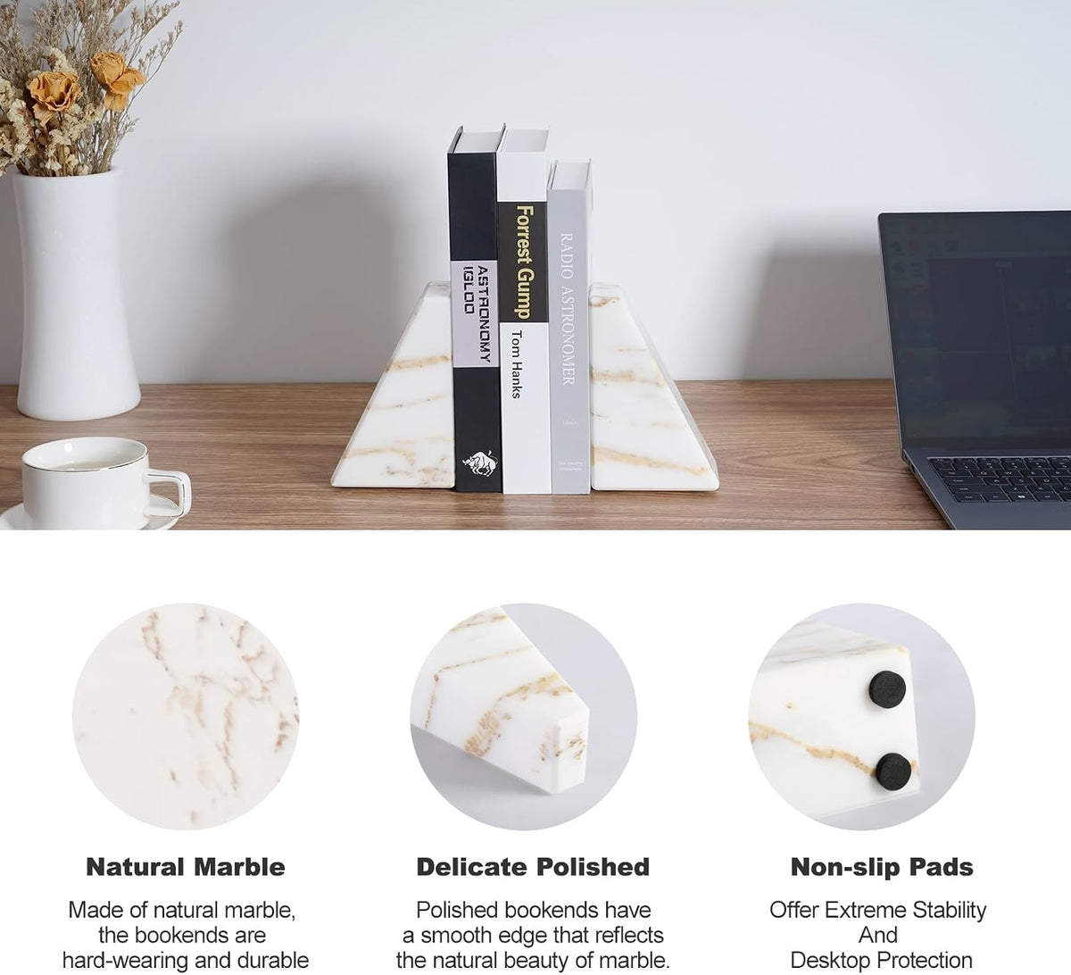 Marble Bookends for Heavy Books, Calacatta Decorative Book Ends for Shelves, Unique and Heavy Bookends for Hardback