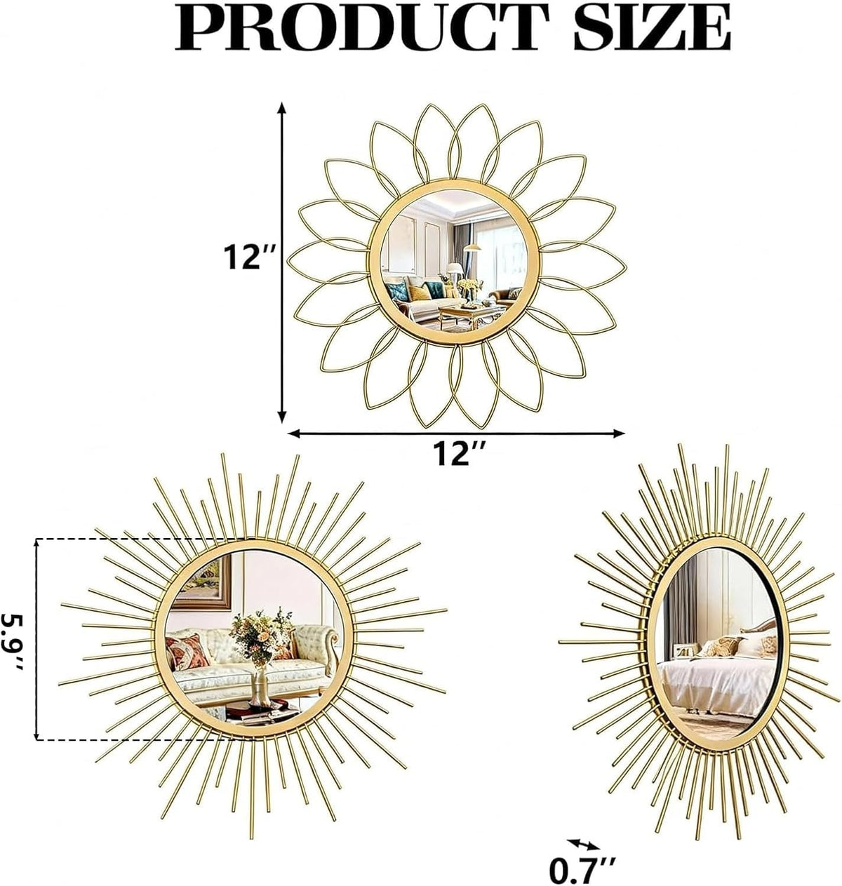 Boho Sunburst Wall Mirror Set of 3, 12 Inch Round Antique & Modern Metal Wall Art, Hanging Over The Door Mirrors