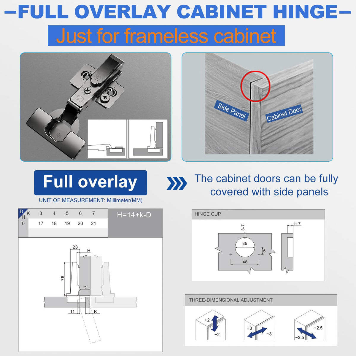 Full Overlay Soft Close Cabinet Hinges Frameless Cabinets 4 Pack Self-Closing Concealed Hinge 110° 4D Adjustment