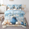 7 Piece Coastal Beach Floral Bedding Set, Ocean Waves Starfish Sea Shell Bed in a Bag with Sheets, Aesthetic