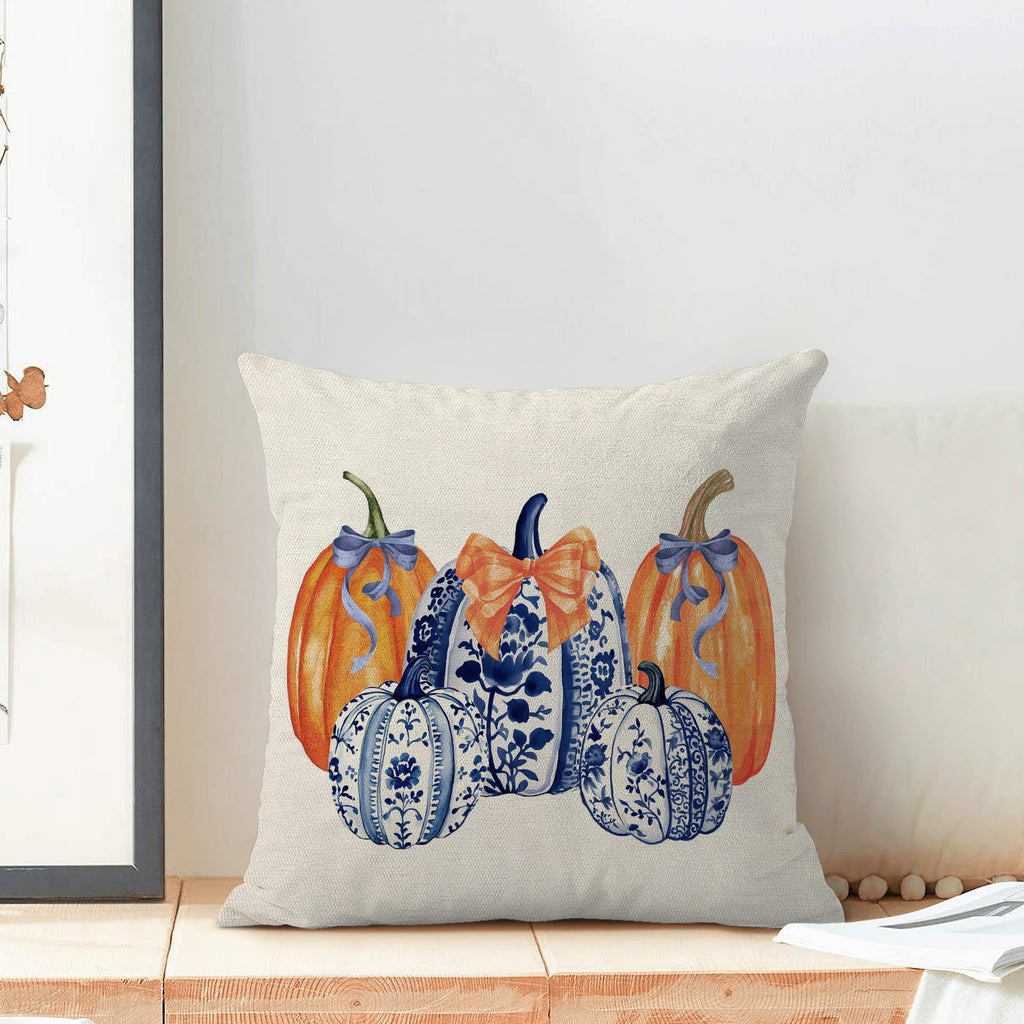 Fall Pillow Covers 22x22 Pack of 2 Chinoiserie Blue and Orange Pumpkin Throw Pillow Cover Outdoor, Fall Thanksgiving