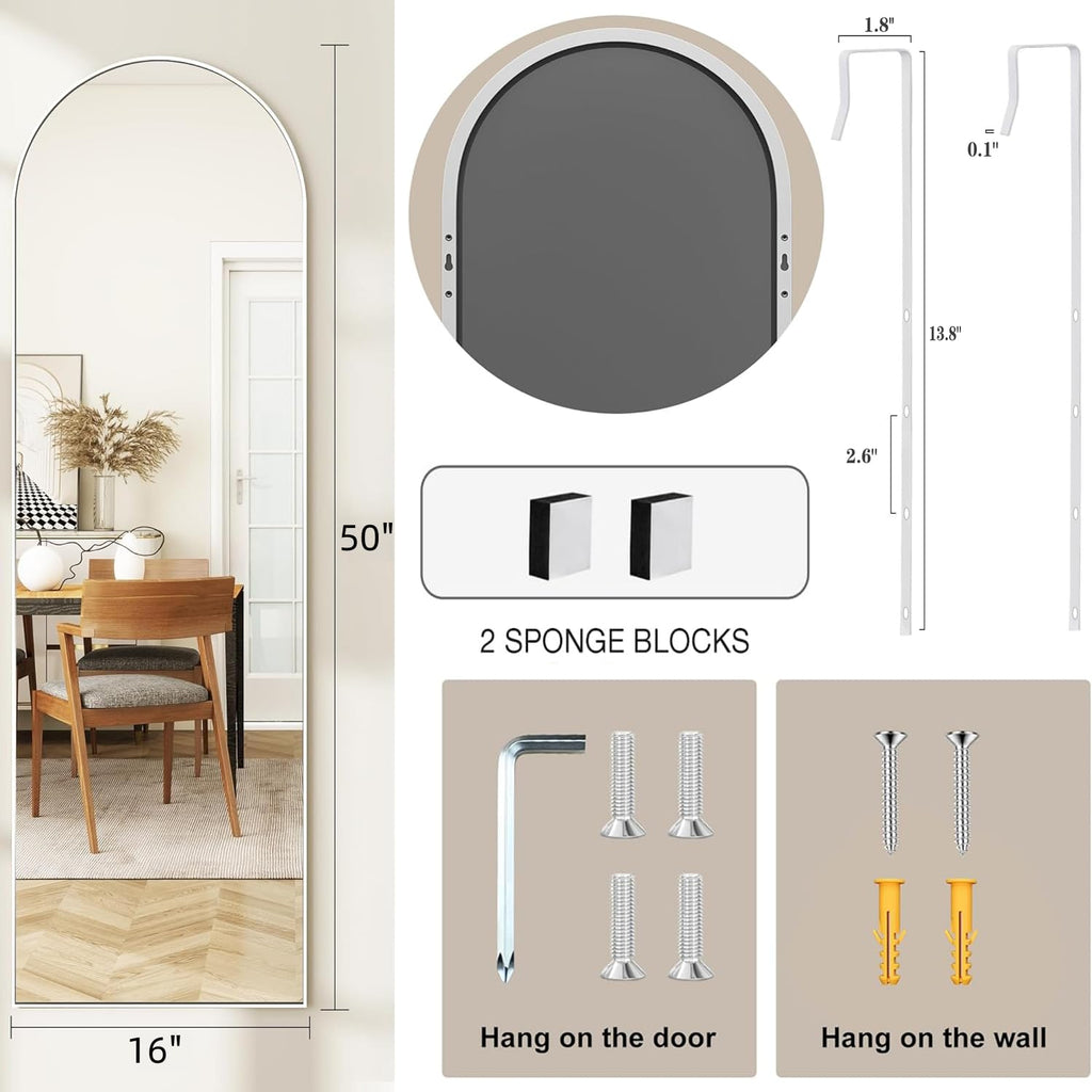 50"x 16" Door Mirror, Arched Full Length Hanging Mirror, White