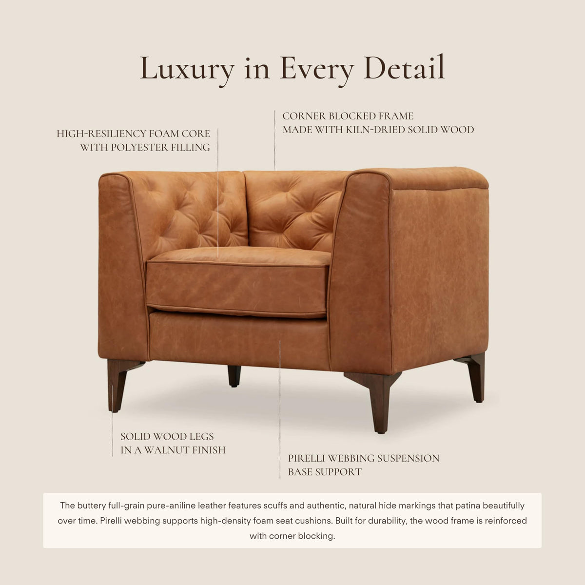 & BARK Essex 40" Lounge Chairs Set of 2 - Cognac Tan Full-Grain Pure-Aniline or Semi-Aniline Italian Leather, Tufted