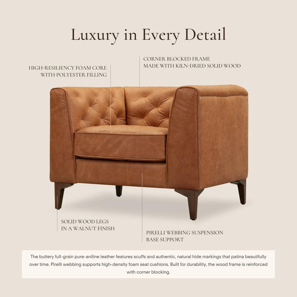 & BARK Essex 40" Lounge Chairs Set of 2 - Cognac Tan Full-Grain Pure-Aniline or Semi-Aniline Italian Leather, Tufted