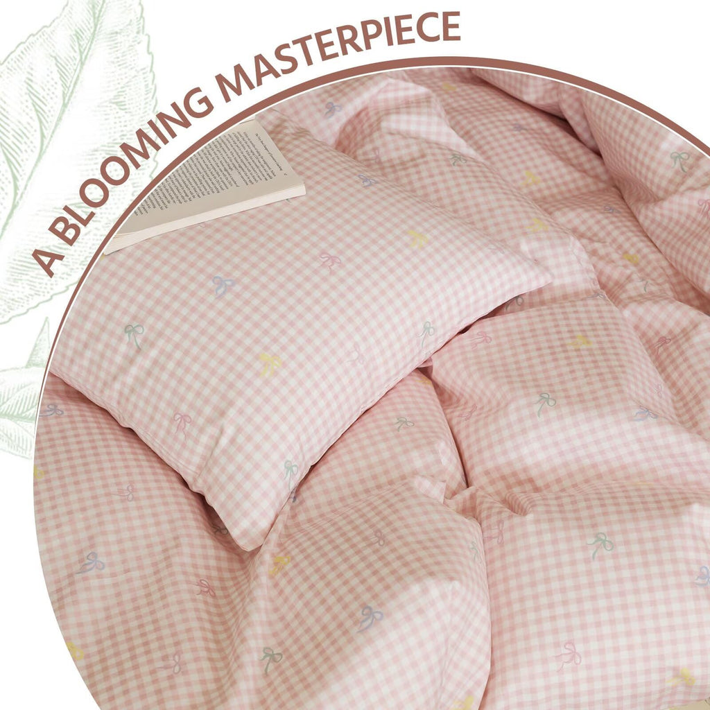 Pink Gingham Cotton Duvet Cover 3 Pcs, 100% Cotton Duvet Cover with 2 Pillowcases, Rustic Aesthetic