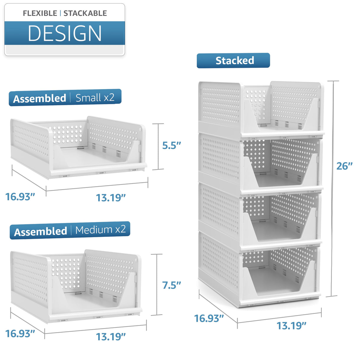 Stackable Closet Organizer, Open-Front Shelf Bins (2 Small 2 Medium)