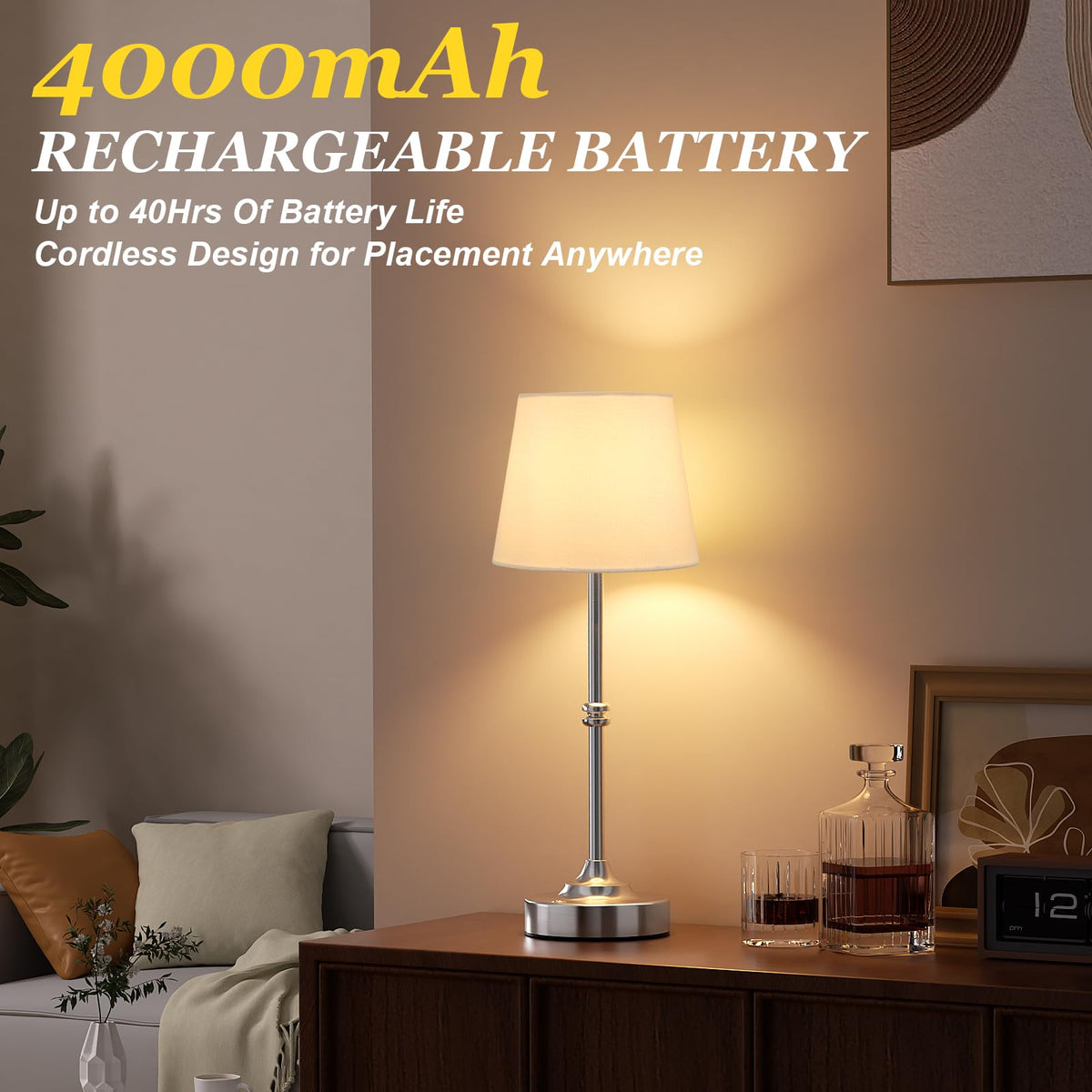 Rechargeable Cordless Table Lamp Silver - 1 Pack 4000mAh Battery Operated Lamp, 3000K Warm Light, Touch Control