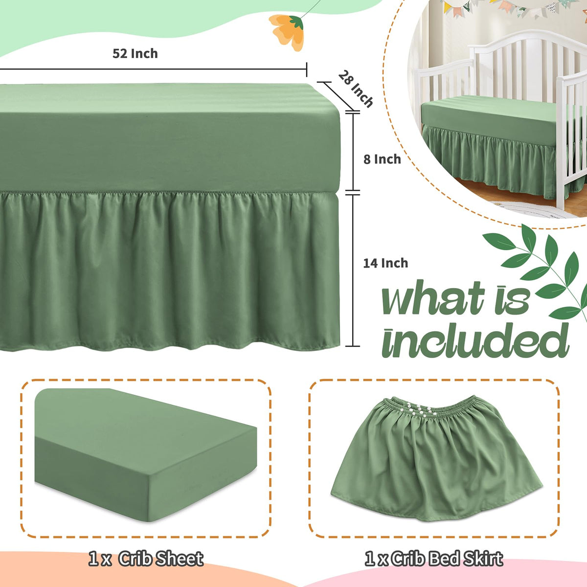 2-Piece Set Ruffled Crib Skirt & Crib Sheet, Sage Green