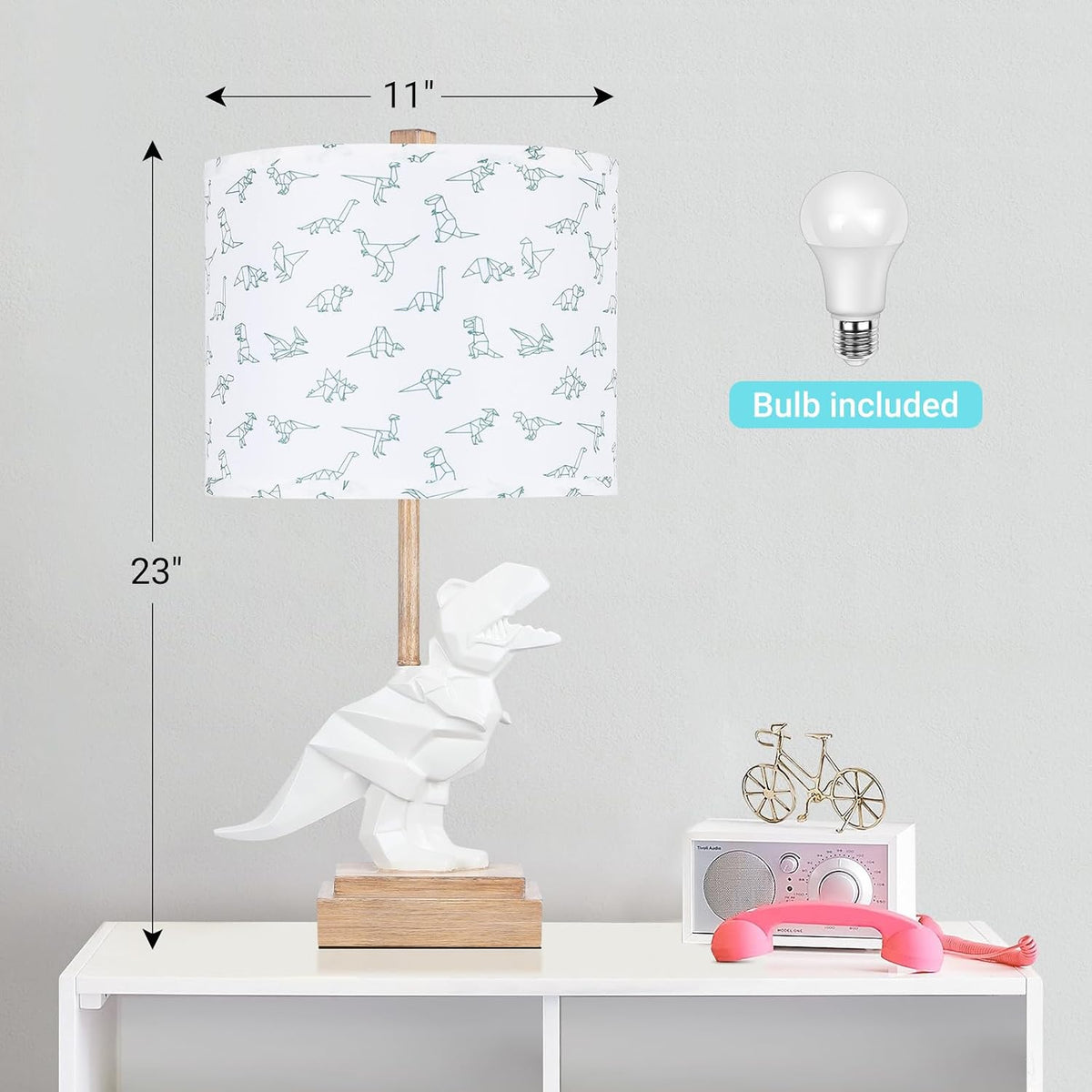 Kids Dinosaur Table Lamp for Boys Girls Bedroom 23" Bedside Lamp for Children Gift Cute Small White Nightstand Lamp