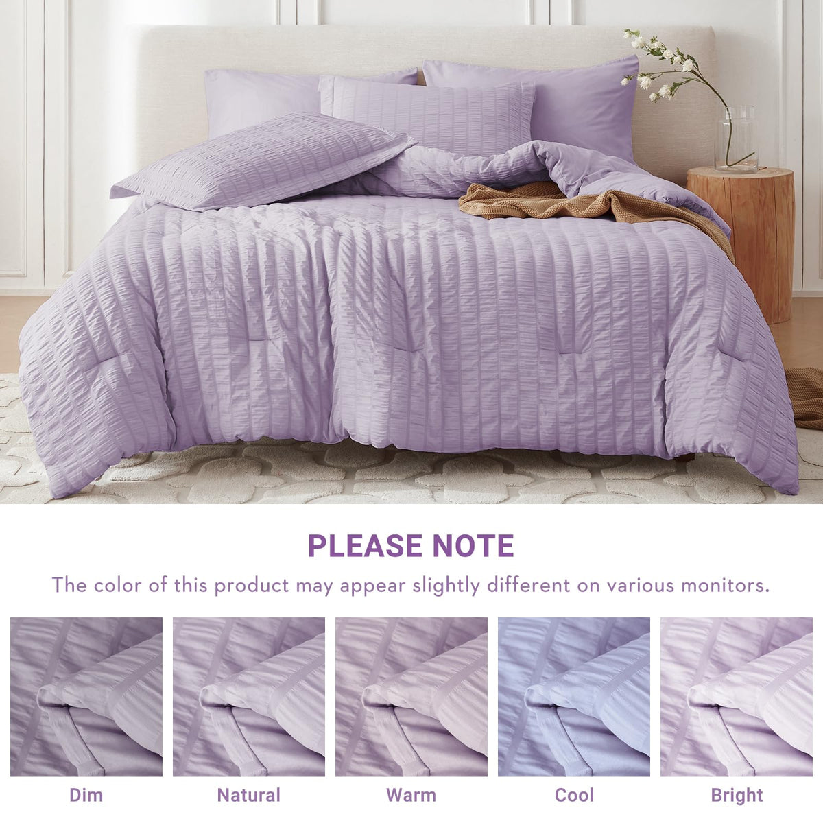 Comforter Set 7 Pieces, Seersucker Bed in a Bag, Lavender
