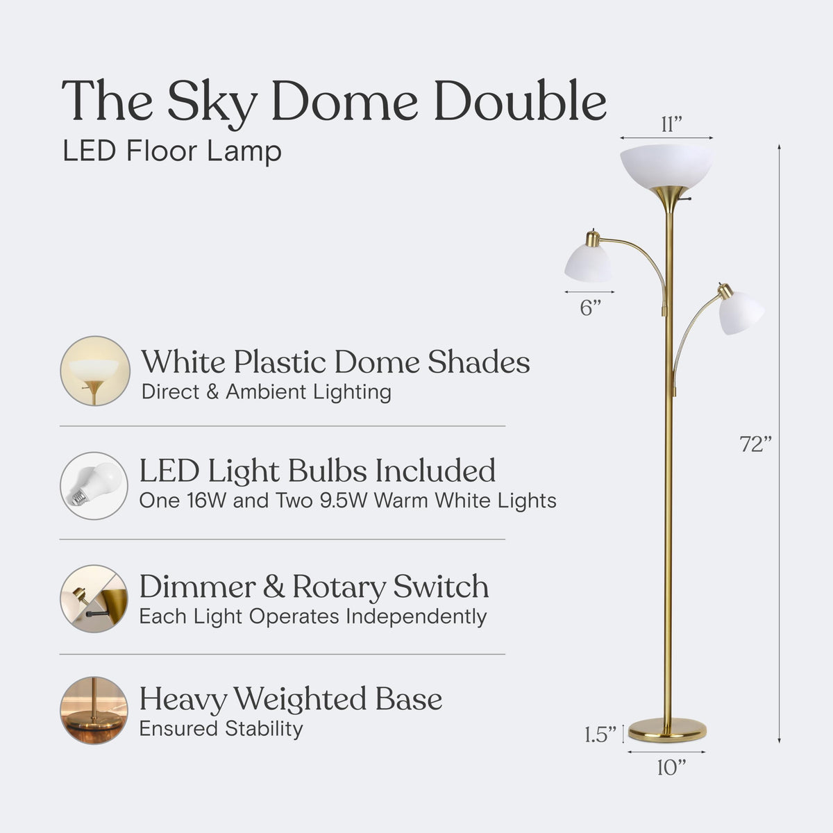 Sky Dome Double LED Floor lamp, Torchiere Super Bright Floor Lamp with 2 Reading Lamps s & Offices - Dimmable Tall
