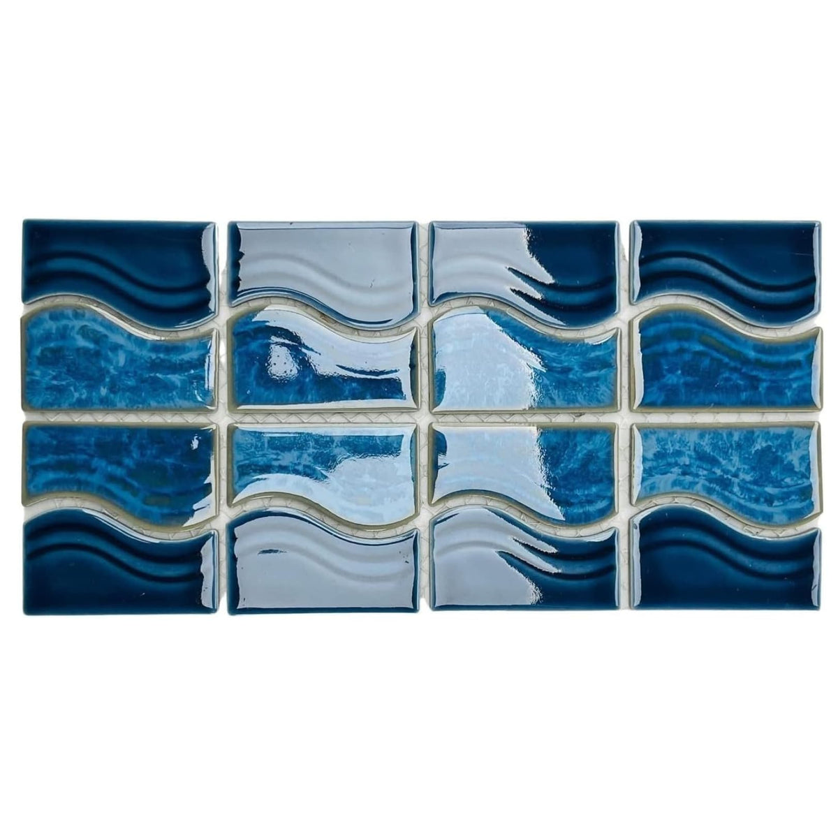 Navy Ocean Blue Wavy Porcelain Waterline Border Pool Wall Floor Tile Backsplash on 6x12 Mesh Mounted Easy