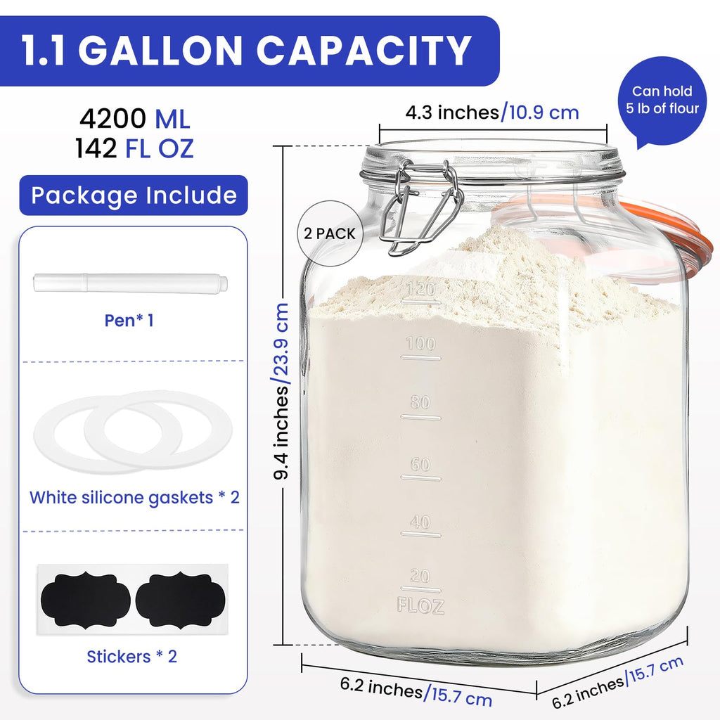1.1 Gallon Wide Mouth Airtight Glass Storage Containers with Lids