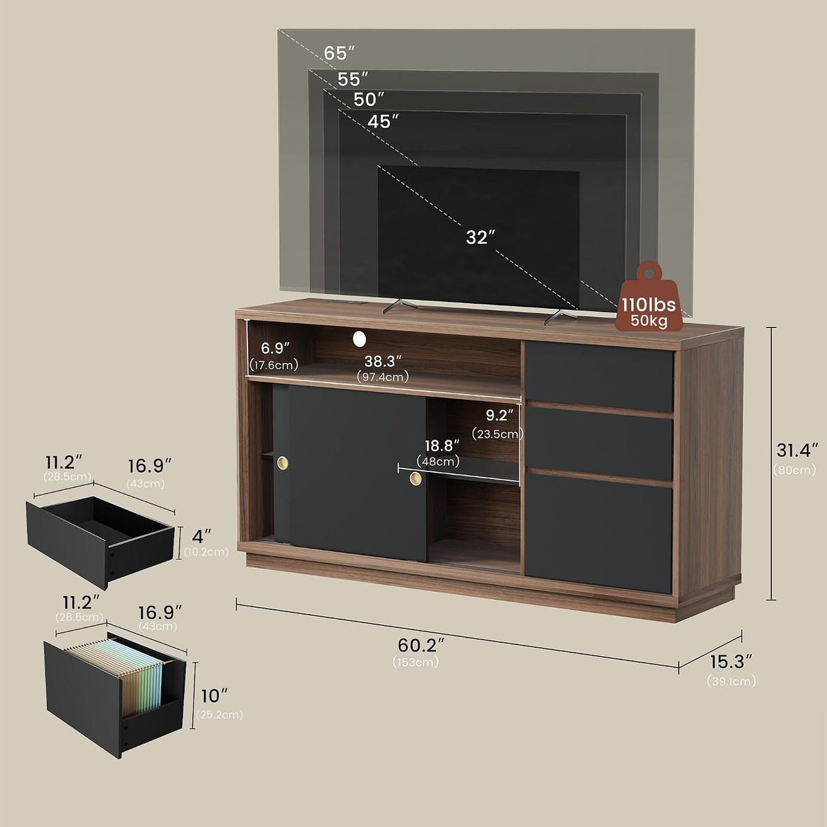 60" Lateral File Cabinet with 3 Dawers, Open Shelves | File Cabinets for A4 / Letter Documents, Wide Credenza w/