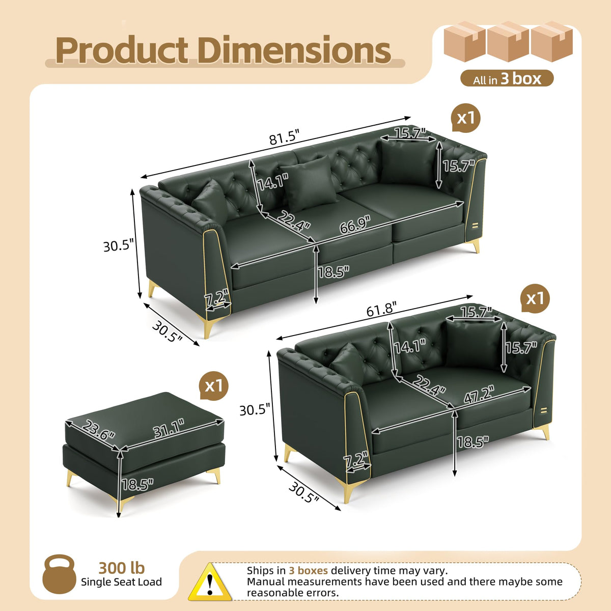 3-Piece Light Luxury Chesterfield Faux Leather Sofa Set (Green)