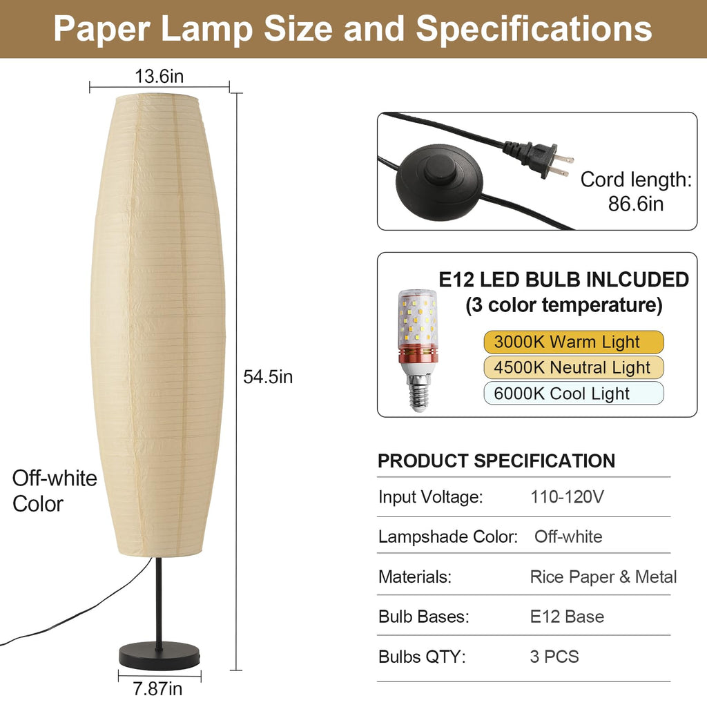 Off-White Paper Lamp Paper Floor Lamp, 3-Lights Bulbs Included