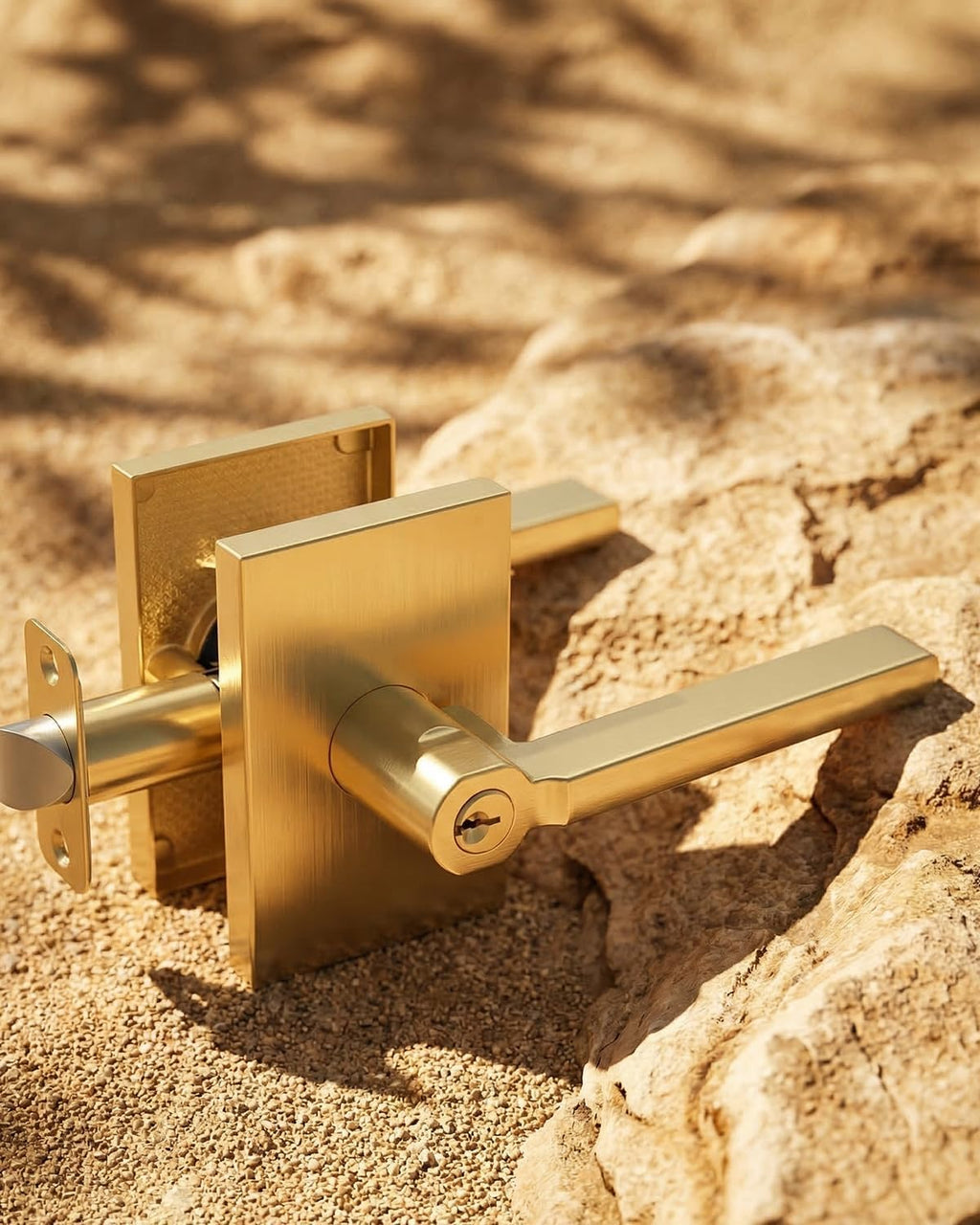 Brushed Gold Door Handle with Lock and Key, Square, 3 Pack