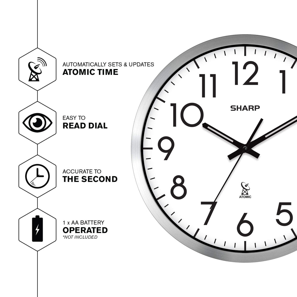 Inspired Nelson Style 12-Inch Atomic Wall Clock, Battery Operated, Silver Brushed Finish
