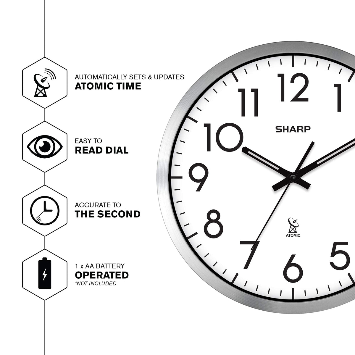Inspired Nelson Style 12-Inch Atomic Wall Clock, Battery Operated, Silver Brushed Finish