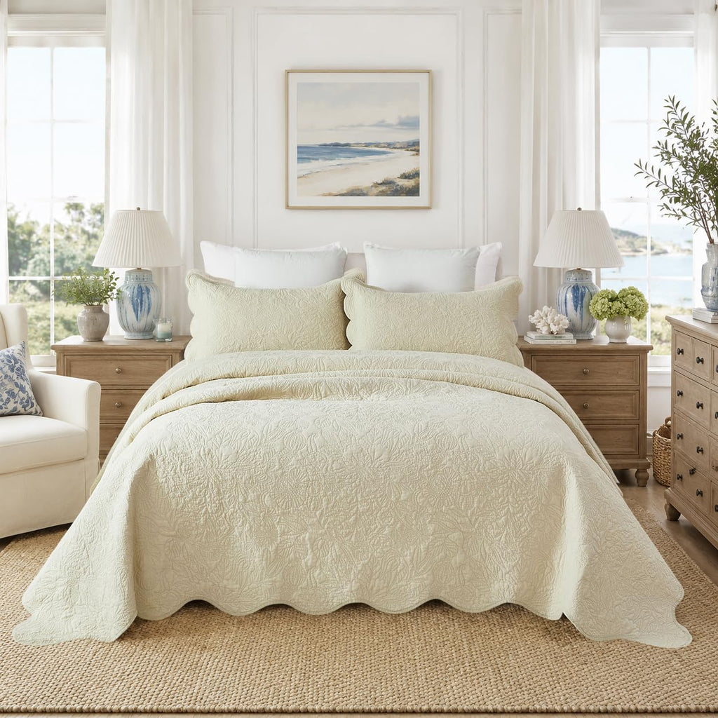 Beige Quilts Cotton Queen Size Bedspreads Elegant Botanical Matelasse Coverlet Luxury Scalloped Quilts