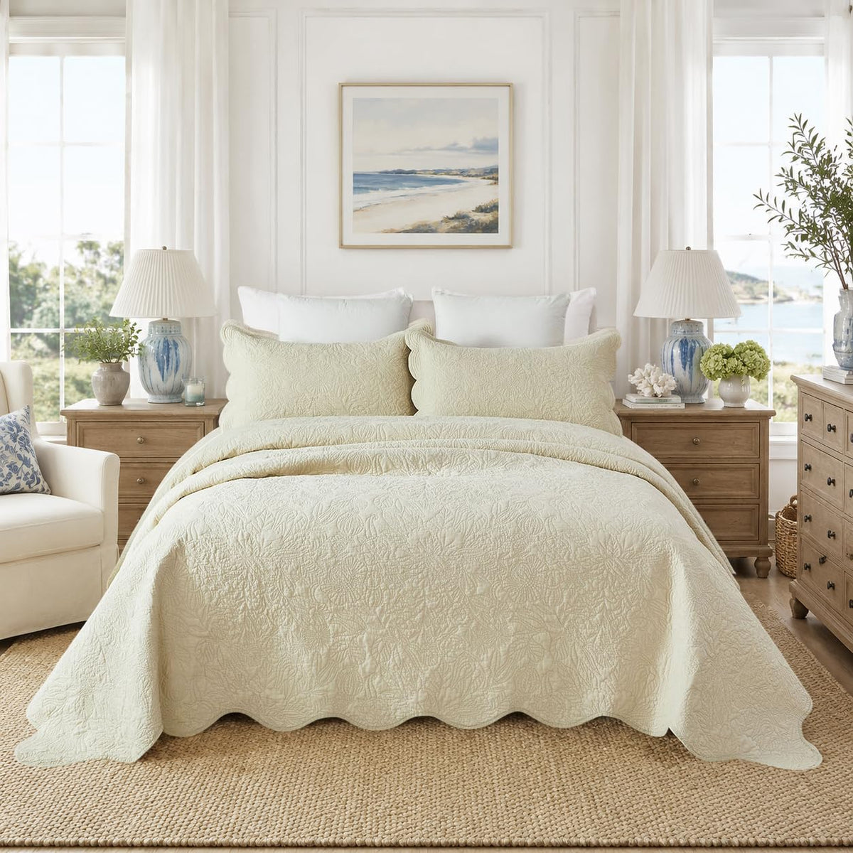 Beige Quilts Cotton Queen Size Bedspreads Elegant Botanical Matelasse Coverlet Luxury Scalloped Quilts