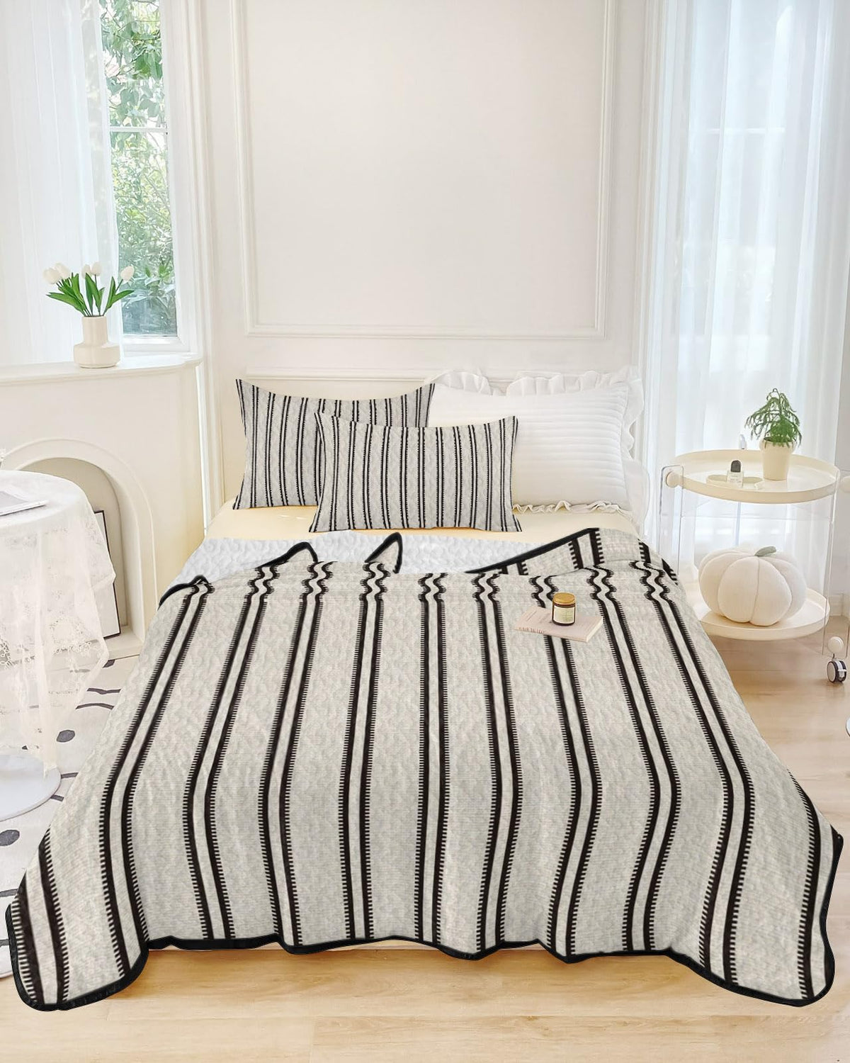 Ticking Stripes Quilt Set 3 Pieces Quilted Bedspread- Soft, Vertical Lines Lightweight Quilt with 2 Pillow