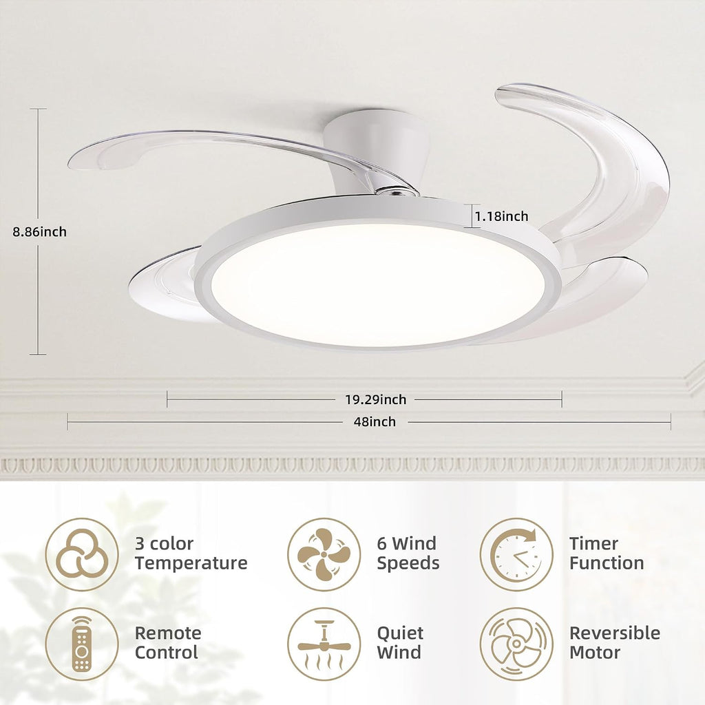 48 inch White Slim Retractable Ceiling Fan with Light and Remote