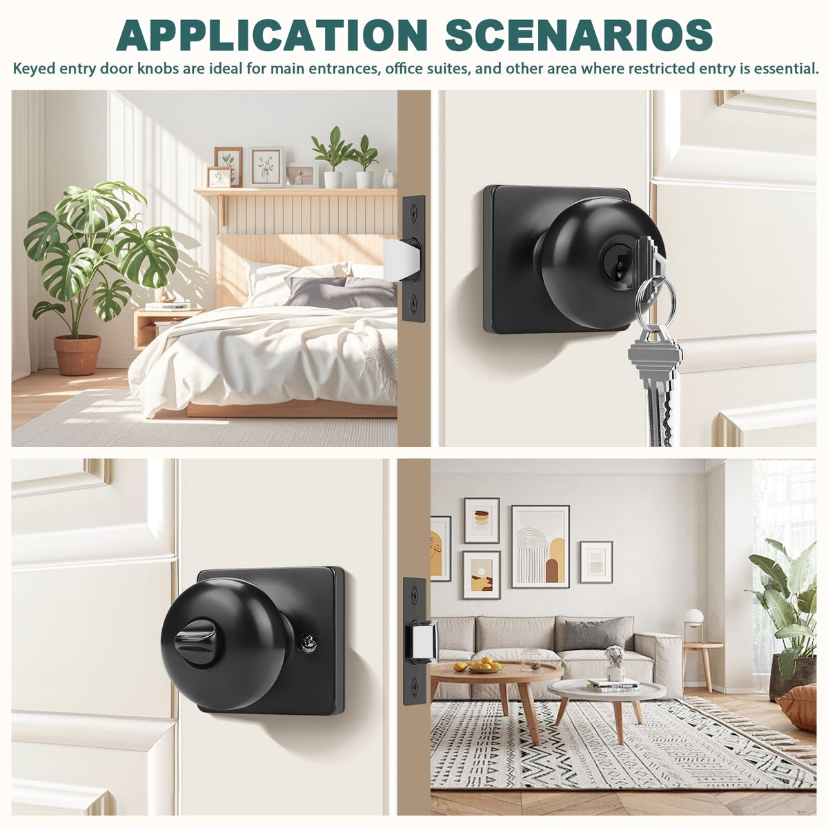 Keyed Alike Entry Door Knobs with Lock and Keys, Matte Black Entry Door Lock Sets for Exterior & Interior Doors