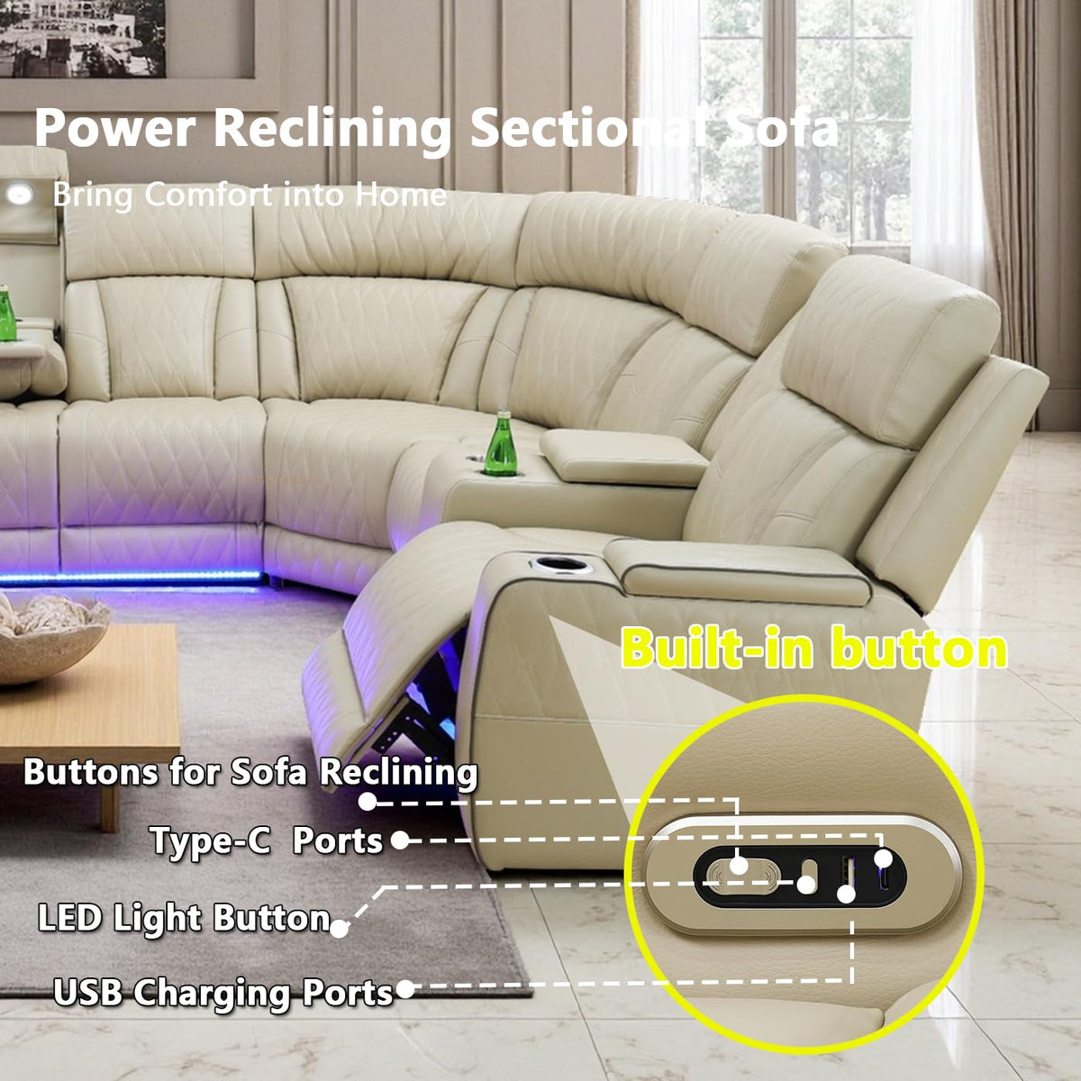 Living Room Furniture Sets, Power Recliner Sectional Sofa with LED Light