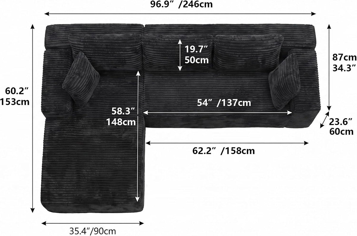 Boneless Modular Sectional Sofa, Cloud Couch with Left Facing Chaise, Oversized Deep Seat, L-Shaped