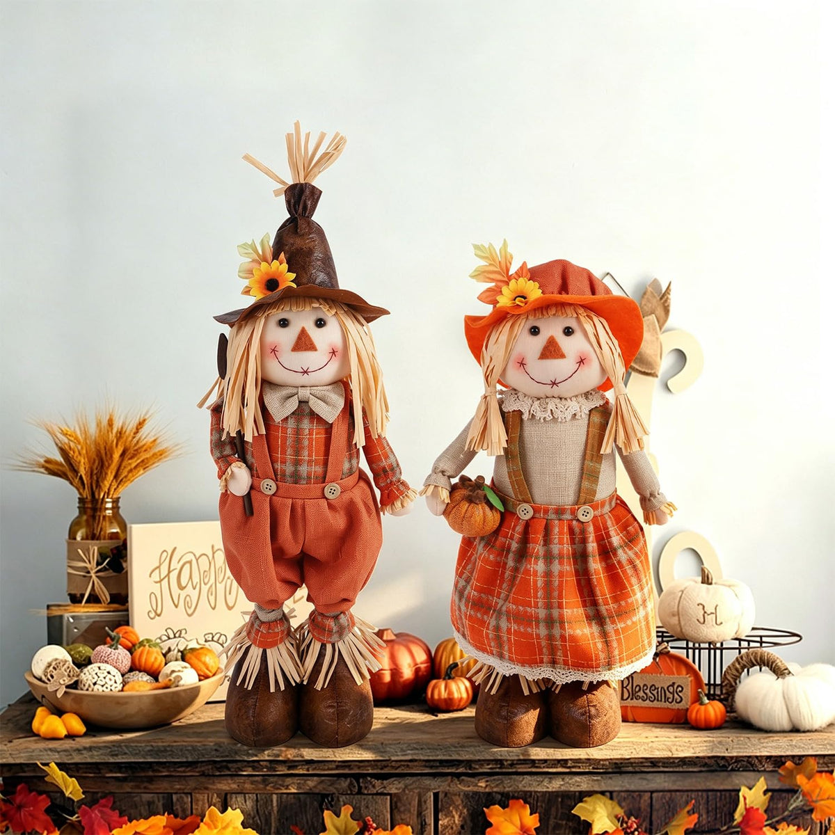 2 Pack Fall Decorations Standing Scarecrows with Stretchable Legs