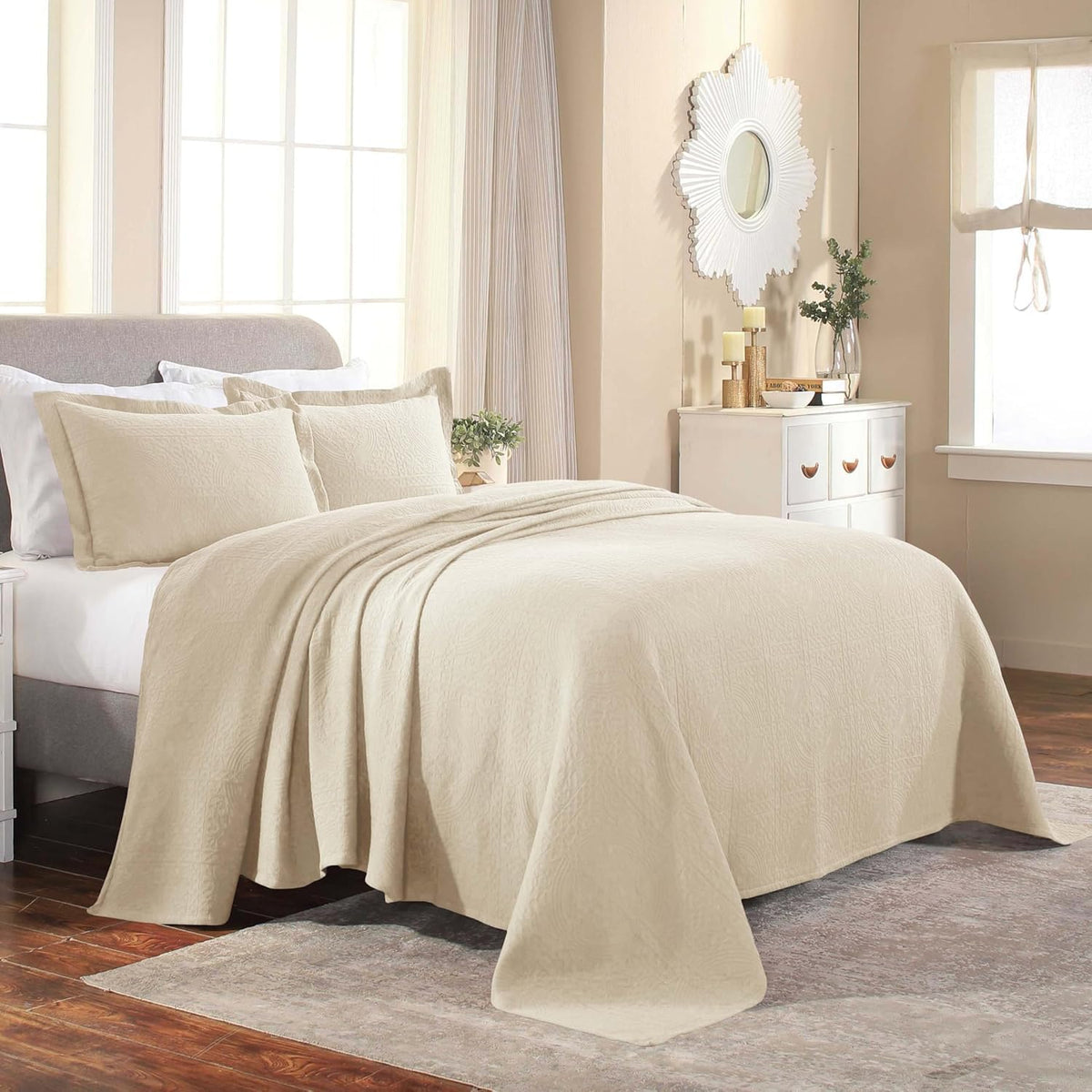 Cotton Bedspread, Jacquard Woven Matelasse Bedding, Twin, Ivory